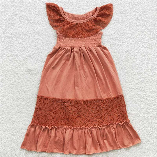 8.2 RTS NO MOQ Summer Baby Girls Dresses GSD0458 Orange Lace Cotton Elastic Dresses