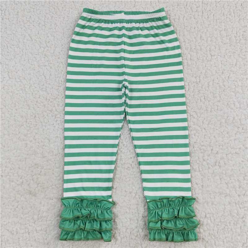 5.23 RTS NO MOQ Baby Girls Long Pants P0175 Green Stripes Icing Ruffle Bottom Pants