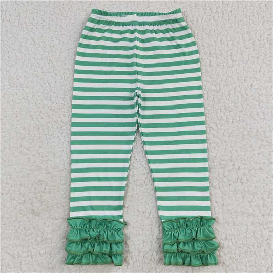 5.23 RTS NO MOQ Baby Girls Long Pants P0175 Green Stripes Icing Ruffle Bottom Pants