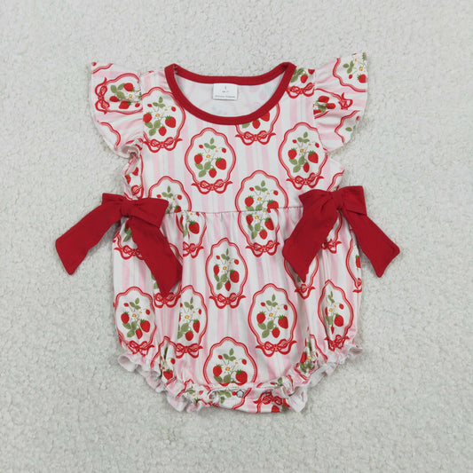 RTS Baby Girls Infant Short Sleeves Strawberry Floral Bows Bubble Romper