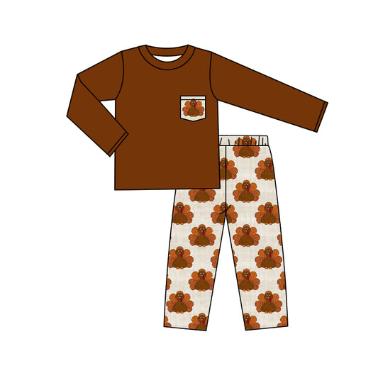 MOQ:5  Brown Boy Long Sleeve Wholesale Boutique Kid Clothing Set