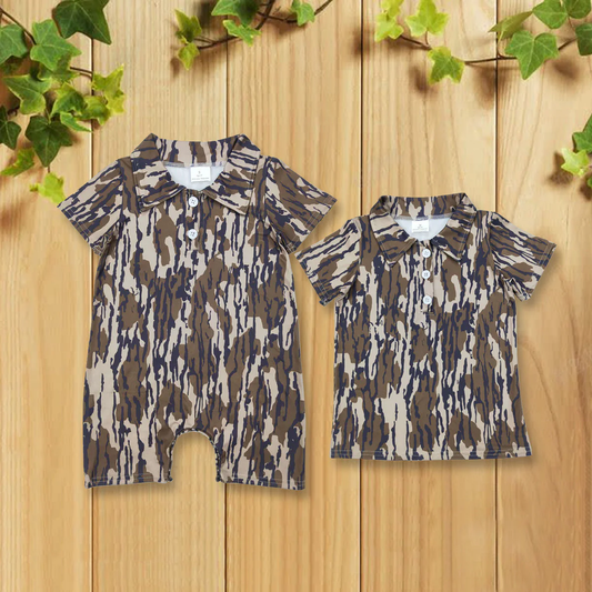 RTS NO MOQ Summer Sibling Baby Boys Short Sleeves Bottomland Camo Button Polo Shirts Top Rompers