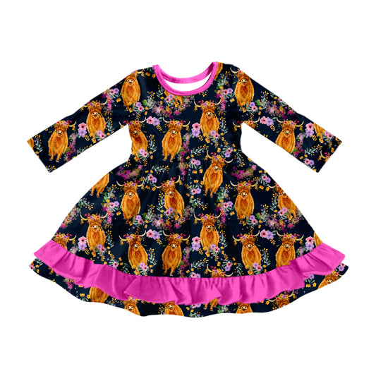 MOQ:5 Cute Cow Girls Long Sleeve Wholesale Boutique Kid Clothing Kid Dresses