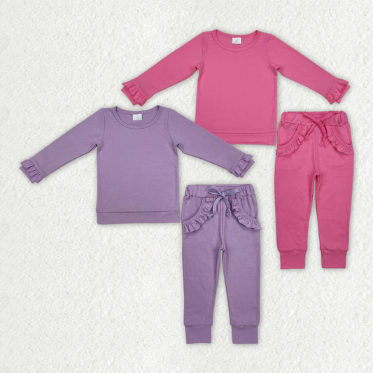 RTS NO MOQ Sibling Baby Girls Long Sleeve Sets Cotton Top Ruffle Pockets Pants Jogger Clothes Sets
