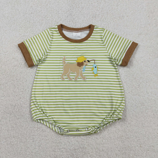 RTS Baby Boys Kids Short Sleeves Embroidery Dog Fishing Green Stripes Bubble Romper