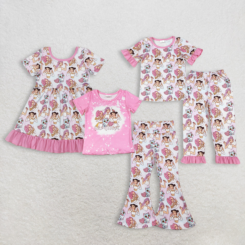 RTS Sibling Baby Girls Kids Short Sleeves Cats Hearts Singer Dress Sets