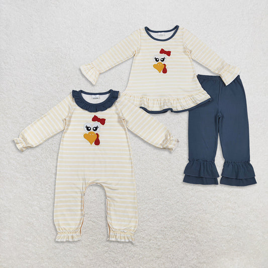 RTS Sibling Baby Girl Long Sleeves Embroidery turkey Bow Stripes Thanksgiving Fall Romper Set