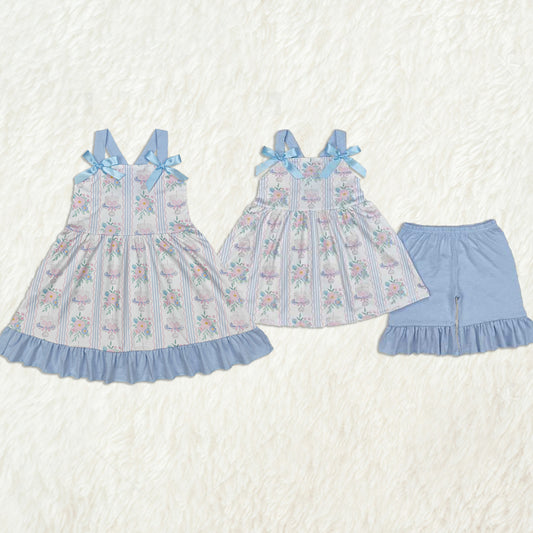 5.24 RTS NO MOQ Summer Sibling Baby Girls Flowers Cakes Straps Bows Rompers Dresses Outfits