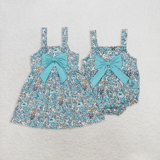 RTS NO MOQ Summer Sibling  Baby Girls Blue Flowers Big Bow Rompers Dresses