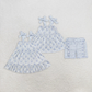 RTS NO MOQ Summer Sibling Baby Girls Blue Flowers Straps Tunic Ruffle Short Sets Knee Length Dresses
