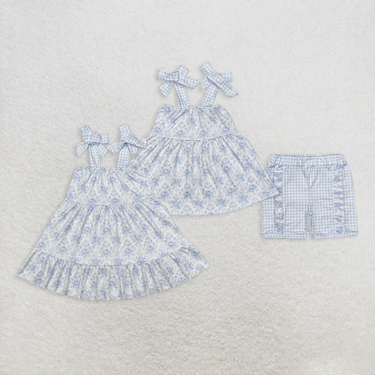RTS NO MOQ Summer Sibling Baby Girls Blue Flowers Straps Tunic Ruffle Short Sets Knee Length Dresses