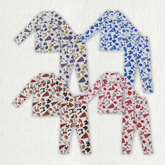 RTS Sibling Baby Girl Long Sleeves Football Bows Team Cheer Zipper Shirt Pants Yoga Active Sets