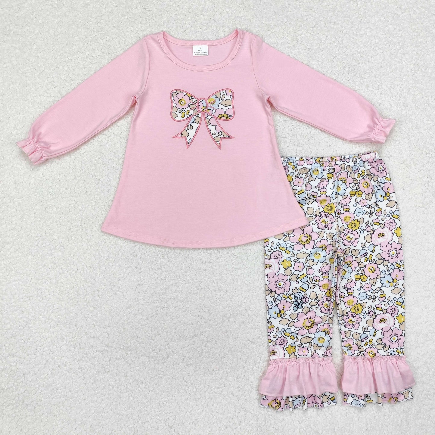 GLP1836 Toddler Baby Girls Floral Bow Top Ruffle Pants Outfit