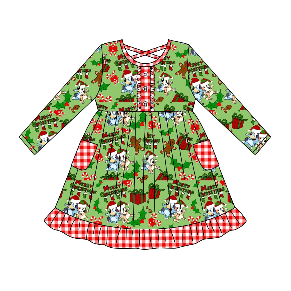 MOQ:5  Green Girl Long Sleeve Wholesale Boutique Kid Clothing Kid Dress