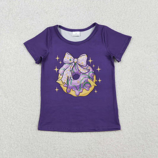 RTS Girls Kids Purple Short Sleeves Donut Bow Mardi Gras Tee Shirt