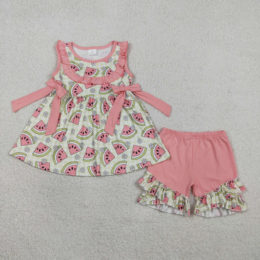 Baby Girls Kids Sleeveless Watermelon Flower Bows Tunic Shorts Clothes Set RTS