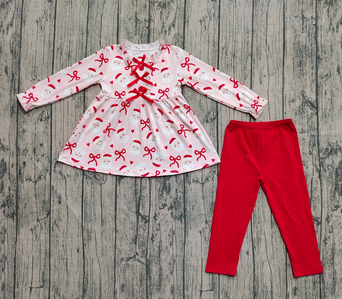 RTS Baby Girl Long Sleeves Santa Bows Hearts Tunic Red Pants Christmas Set