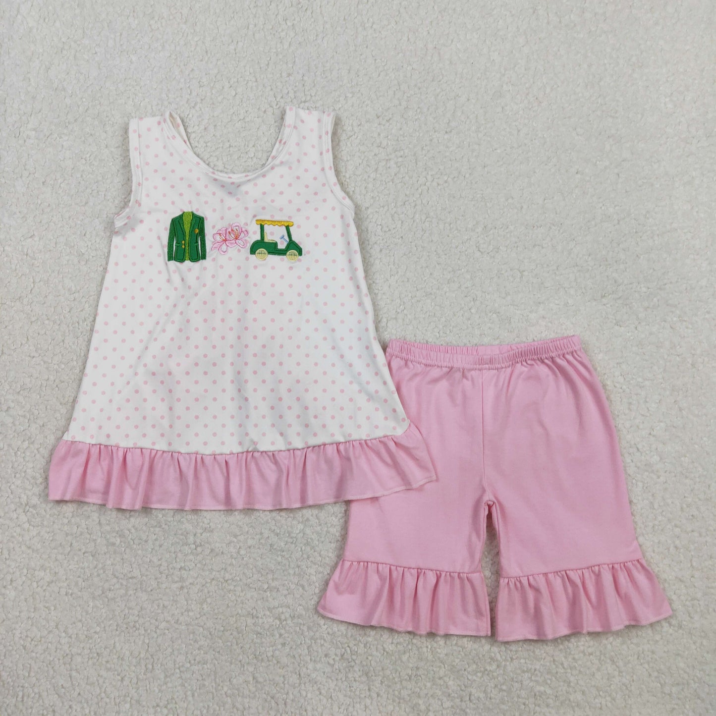 RTS Baby Girls Embroidery Golf Flower Bows Ruffle Tops Pink Shorts Clothes Set
