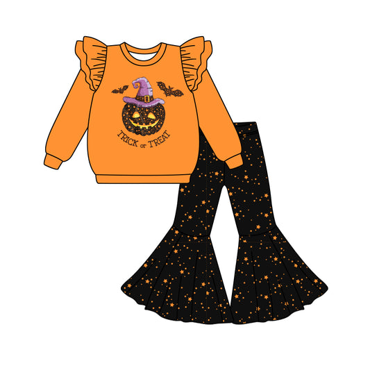 MOQ:5 Orange Ghost Fall Winter Long Sleeve Wholesale Boutique Kid Clothes Sets