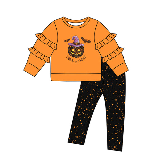 MOQ:5 Orange Ghost Ruffle Fall Winter Long Sleeve Wholesale Boutique Kid Clothes Sets