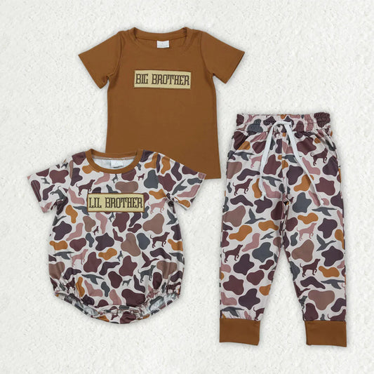 RTS Sibling Baby Boys Kids Short Sleeves Embroidery Big Brother Camo Romper Set Clothes