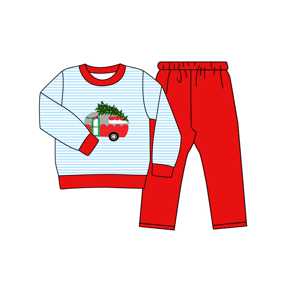 MOQ:5  Christmas Blue Long Sleeve Wholesale Boutique Kid Clothing Set