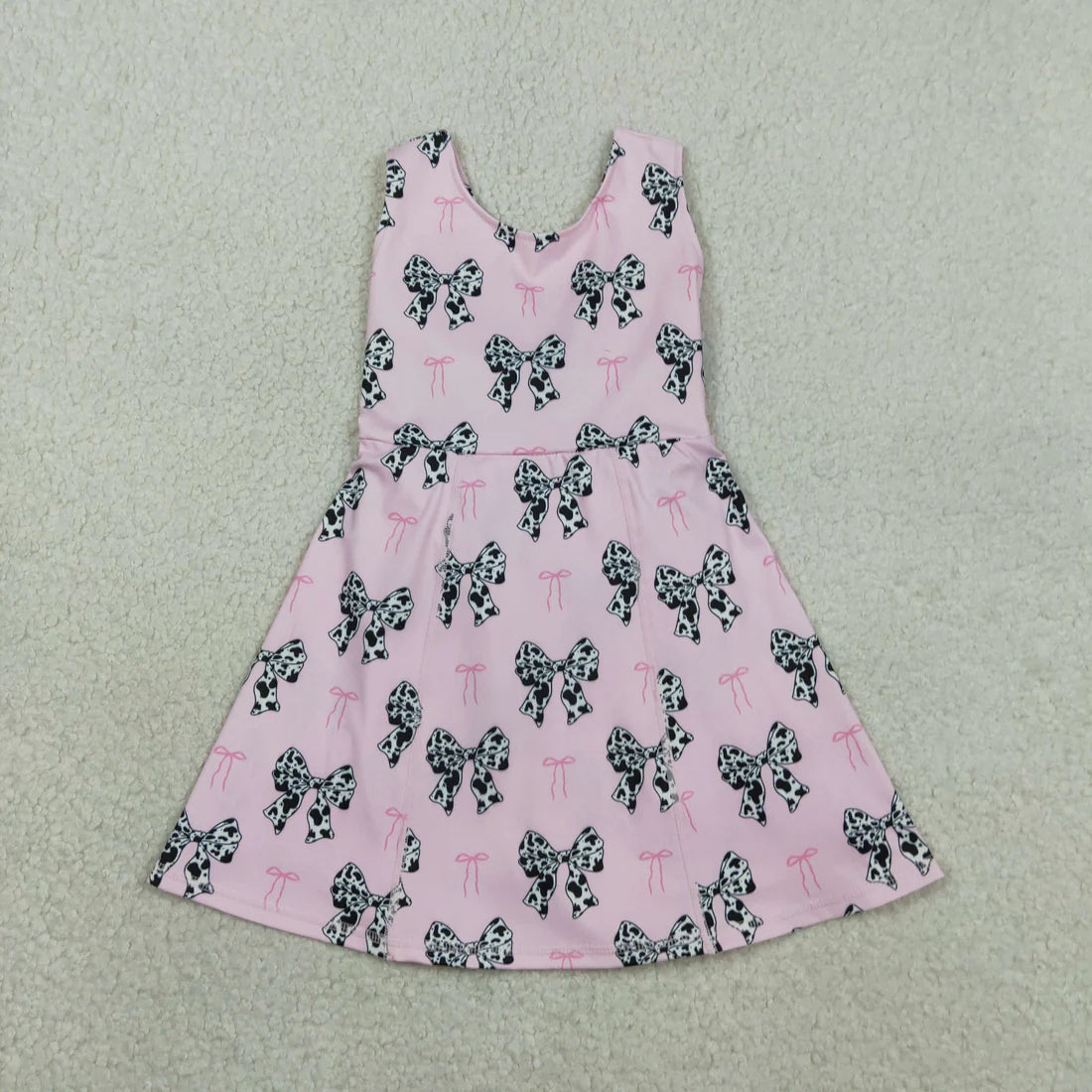 RTS Baby Girls Sleeveless Cow Print Bows Pink Yoga Shorts Knee Length Dress