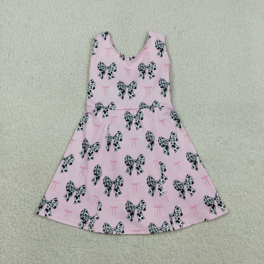 RTS Baby Girls Sleeveless Cow Print Bows Pink Yoga Shorts Knee Length Dress