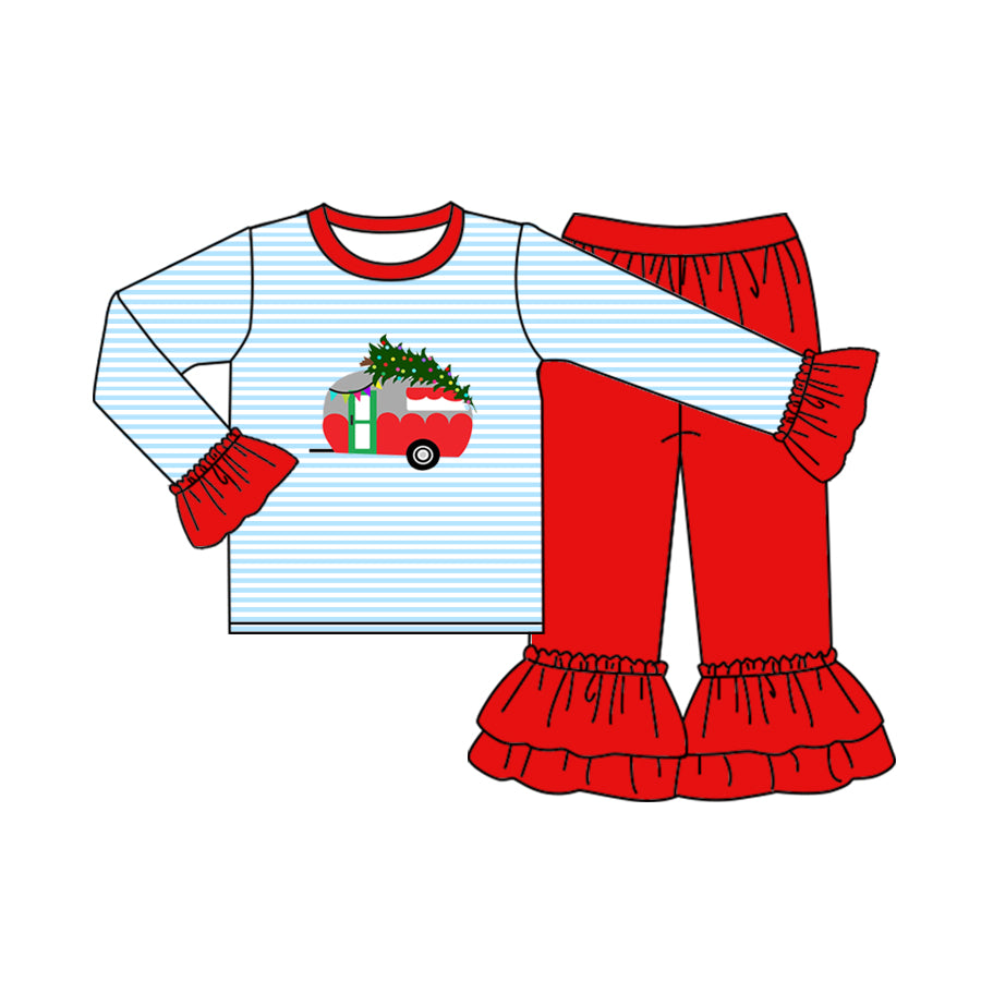 MOQ:5  Christmas Blue Ruffle Long Sleeve Wholesale Boutique Kid Clothing Set