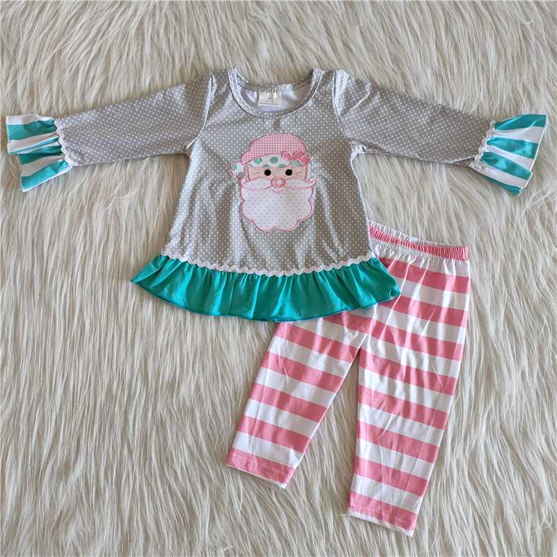 6 A11-27 Pink Christmas Santa Children Clothing Long Sleeve Kid Boutique Outfits