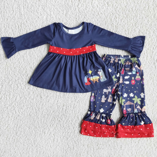 6 A12-17 Navy Blue Christmas Cute Girls Children Long Sleeve Kid Summer Boutique Outfits