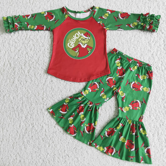 6 A13-20 Green Christmas Children Clothing Long Sleeve Kid Boutique Outfits