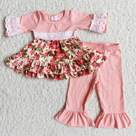 6 A17-26 Pink Flowers Baby Girls Lace Shirt Pants Clothes Sets