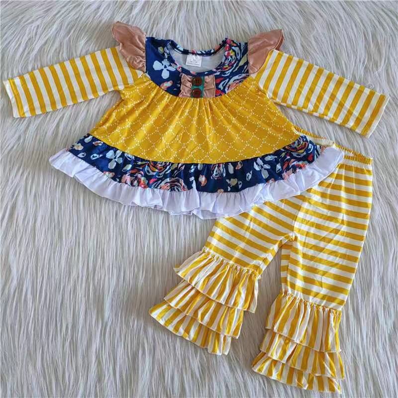 6 A20-11 Yellow Children Long Sleeve Clothing Kid Summer Boutique Outfits