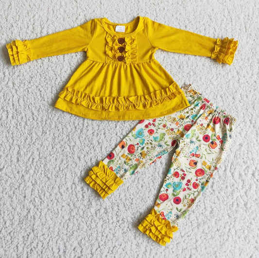 6 A24-1 Yellow Cotton Tunic Top With Floral Leggings Set