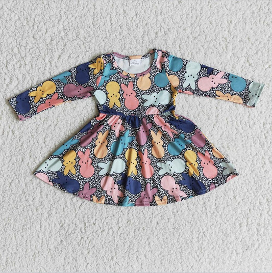 6 A28-20 Baby Girls Long Sleeve Easter Bunny Twirl Dress