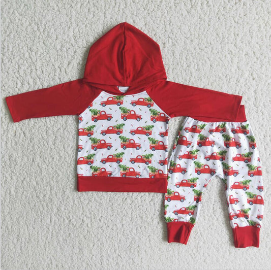 6 A29-28 Boys Christmas Tree Truck Hoodie Top Set