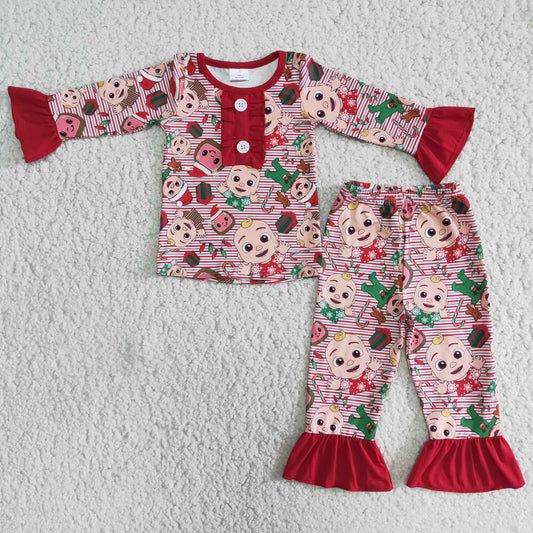 6 A6-29 Christmas Red Watermelon Cartoon Girls Pajamas Set