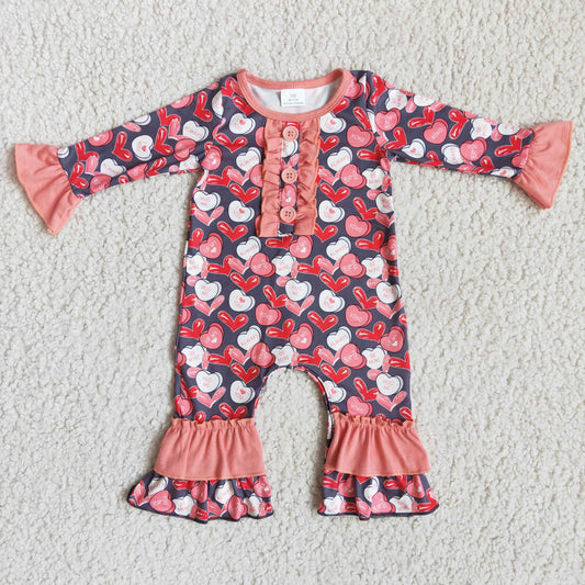 RTS Promotion Baby Girl Long Sleeves Hearts Valentine's Buttons Ruffle Romper