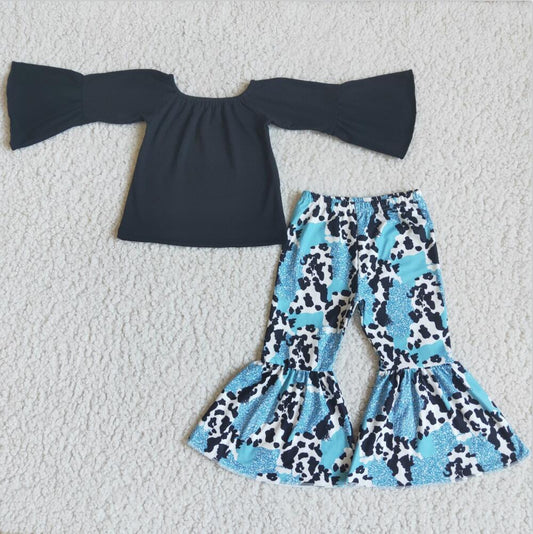 6 B1-34 Girls Black Top And Bell Pants Set