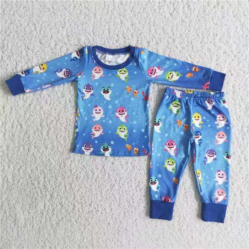 6 B11-19 Blue Cartoon Children Clothing Long Sleeve Kid Boutique Outfits