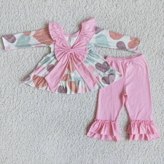 RTS Promotion Baby Girl Kids Hearts Valentine's Bows Tunic Pink Cotton Pants Outfit