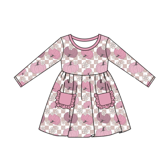 MOQ:5  Pink Girl Long Sleeve Wholesale Boutique Kid Clothing Kid Dresses