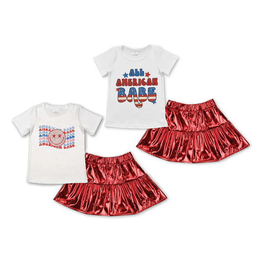 RTS NO MOQ Summer Sibling Baby Girls American Babe Shirt Red Leather Metallic Skirts Clothes Sets
