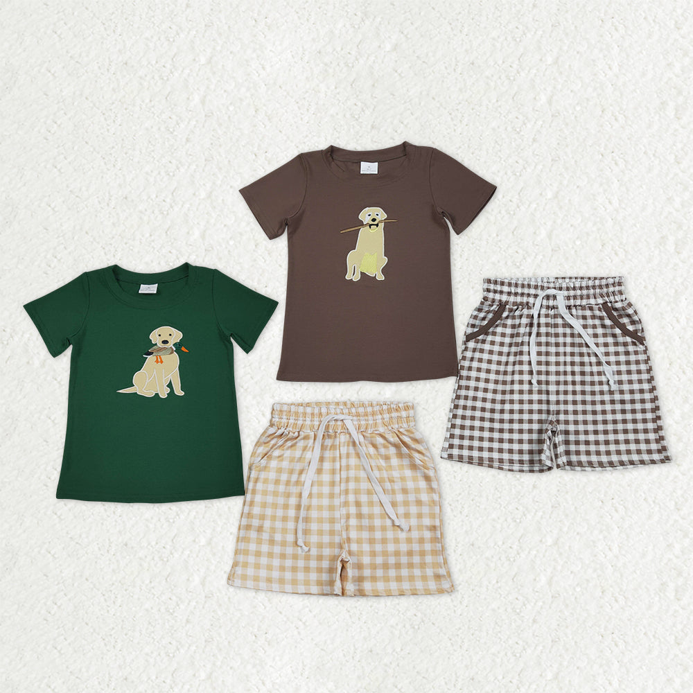 Sibling Baby Boys Short Sleeves Embroidery Dogs Ducks Shirts Plaid Pockets Shorts Hunting Summer Sets