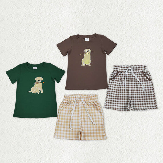Sibling Baby Boys Short Sleeves Embroidery Dogs Ducks Shirts Plaid Pockets Shorts Hunting Summer Sets