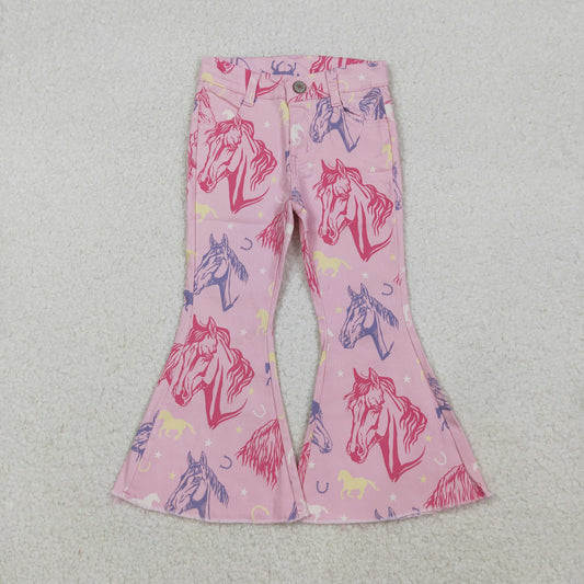RTS Girls Kids Pink Western Horse Denim Jeans Bell Pants