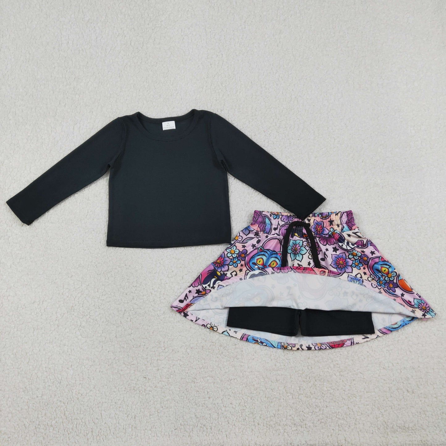 RTS Baby Girls Kids Black Long Sleeves Shirt Movie Characters Flower Pockets Skort Set