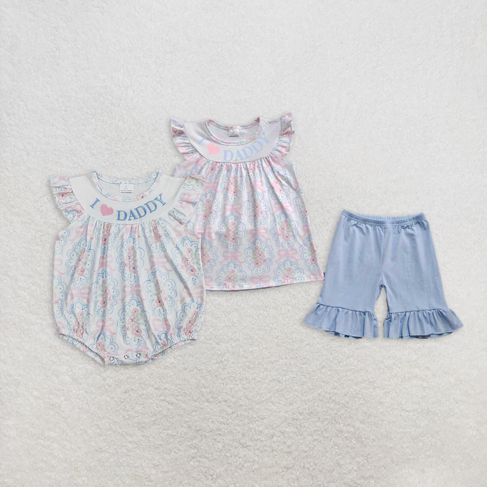 RTS NO MOQ Summer Sibling  Baby Girls I LOVE DADDY Floral Bows Tunic Ruffle Shorts Rompers Sets