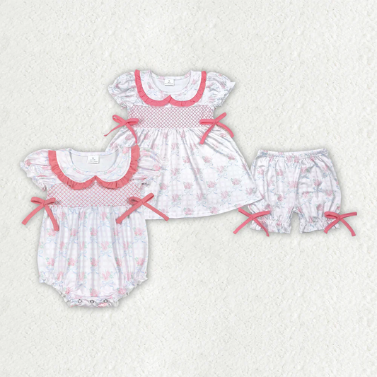 RTS NO MOQ Summer Sibling Baby Girls Embroidery Pink Bows Rompers Outfits Sets